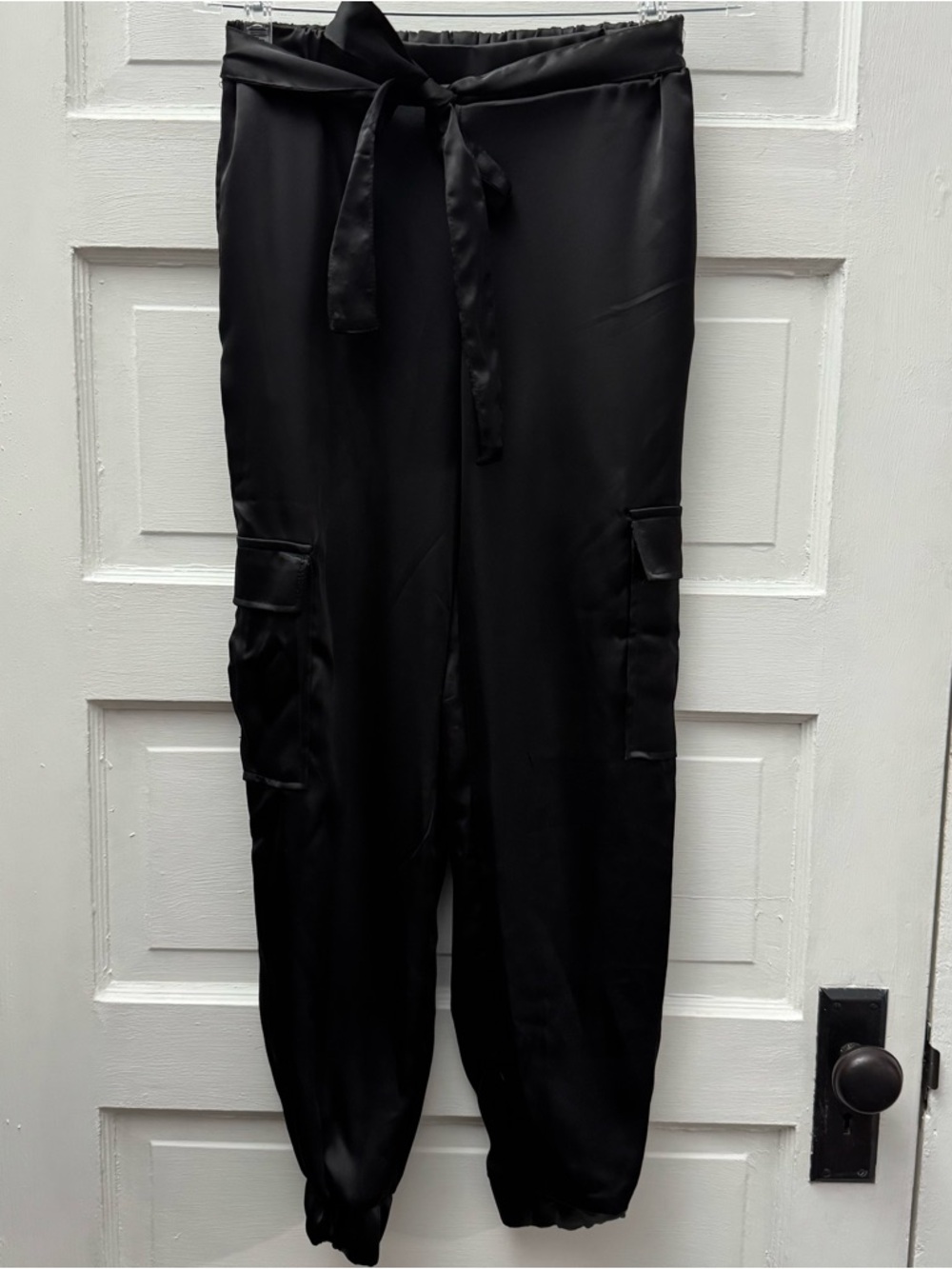Sincerely Jules Satin Cargo Jogger Pants Black Tie Waist Utility Chic S - Picture 1 of 11